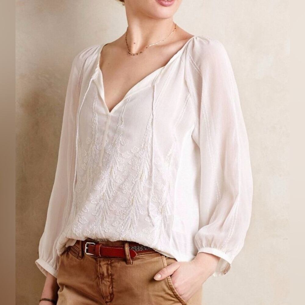 ANTHROPOLOGIE Women's Cream Peasant Blouse with Beaded Embroidered Front